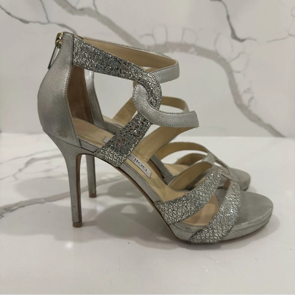 Jimmy Choo Authentic Designer Glittering Silver High Heels - Picture 7 of 16